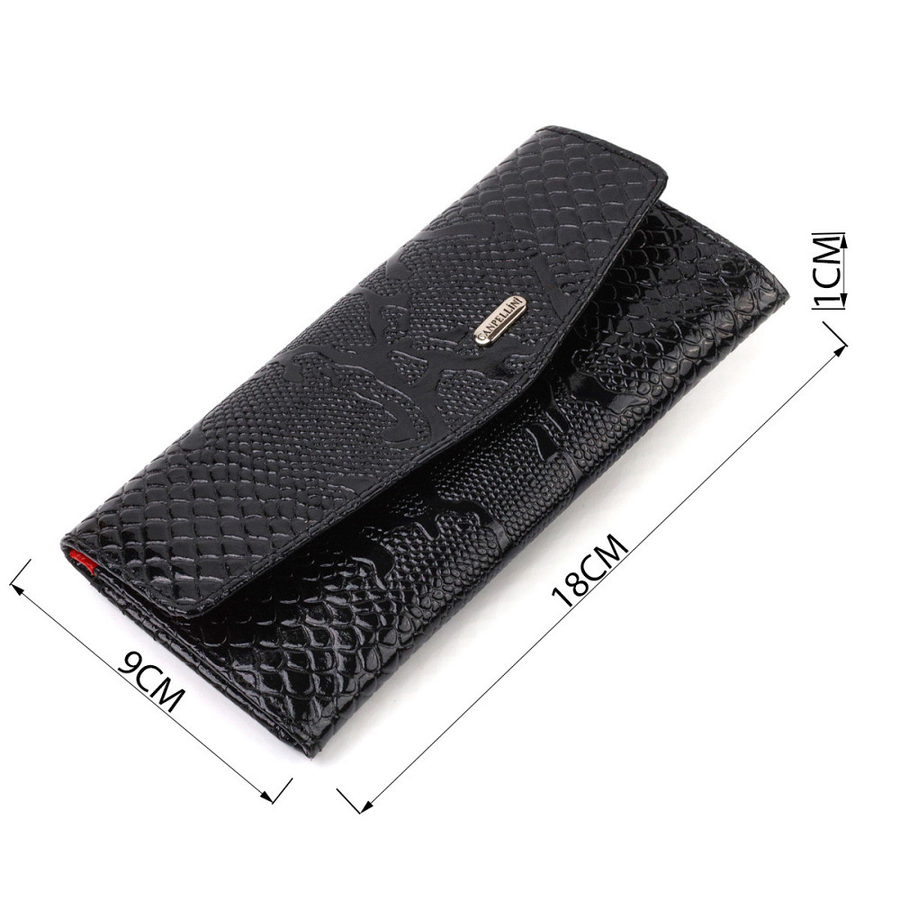 Фактурне жіноче лаковане портмоне з натуральної шкіри з тисненням під змію CANPELLINI 21700 Чорне Київ - фото 3