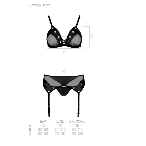 Комплект білизни Passion NESSY SET S/M black, бюстгальтер, пояс для панчіх, стрінги Львов