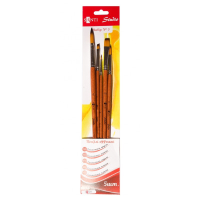 Кисточка для рисования Santi набор художественных №5, синтетика, 3шт круглые (№1,6,12), 2шт плоские (№4,10), короткая ручка (310838) Винница - изображение 1