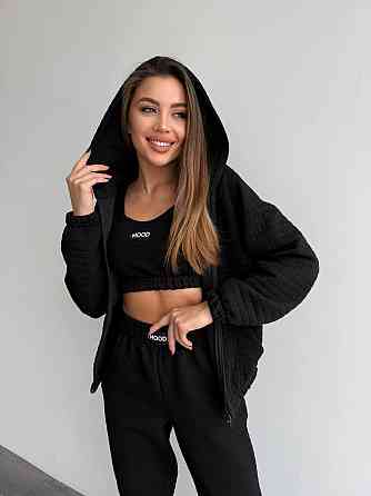 Жіночий прогулянковий костюм-трійка: кофта топ і штани Капітон Чорний, 46/48 Одеса