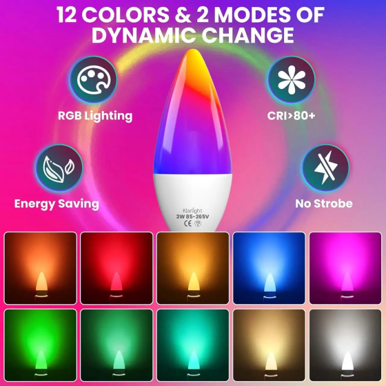 LED лампа Klarlight B15/SBC RGBW, 16 кольорів, Warm White 3000K, пульт ДК, димер, таймер, пам'ять, C35 Київ