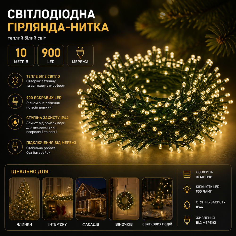 Світлодіодна гірлянда нитка 10 м 900 LED теплий білий колір на зеленій нитці вулична кімнатна IP44 від мережі 220V Київ - фото 1