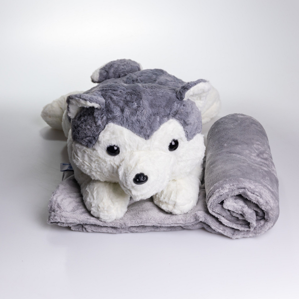 М'яка іграшка-плед, подушка 3 в 1 Хаскі плед в іграшці 50×30×26 (см) Сірий 7124G Коломыя - изображение 4