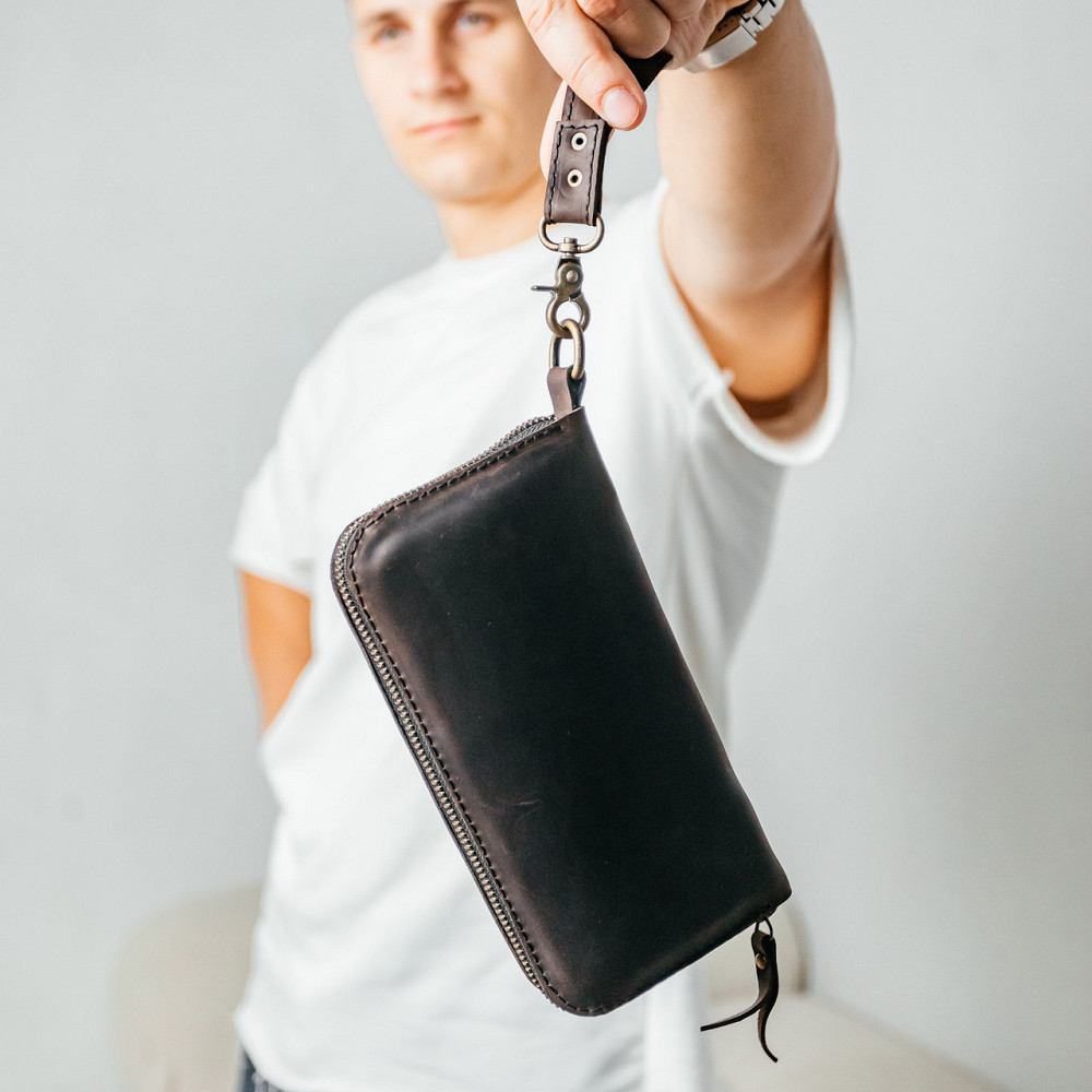 Чоловічий шкіряний гаманець, місткий клатч із відділеннями на блискавці, Crazy Horse, коричневийMasterSem Київ - фото 1