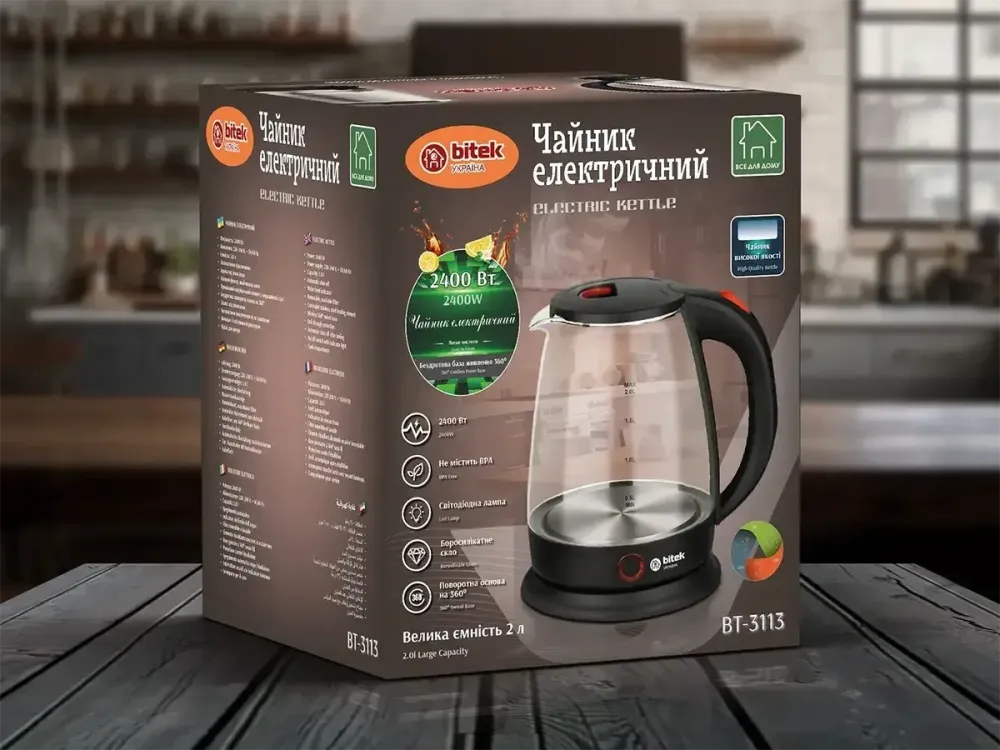 Чайник электрический стеклянный 2.0л 2400Вт BITEK BT-3113 термостойкое стекло, поворот на 360, подсветка Одесса - изображение 1