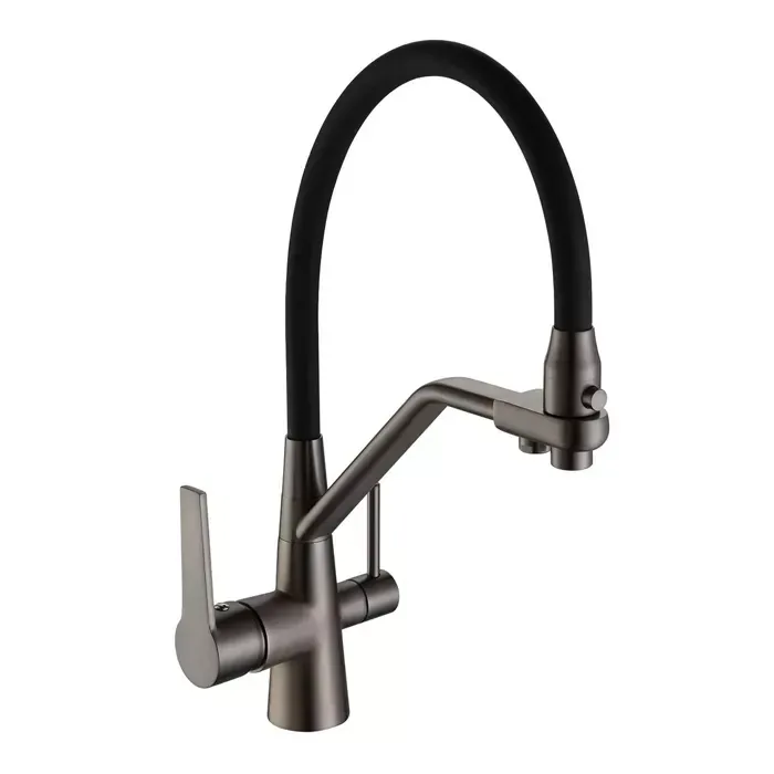 Смеситель для кухни на две воды Frap F4374-15 с гибким изливом, графит/черный Киев - изображение 1