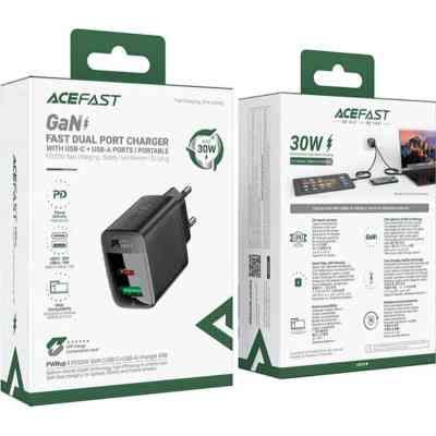 Зарядний пристрій Acefast 2xUSB 30W (USB-C+USB-A) Gan A98 Black (6974316283263) Вінниця
