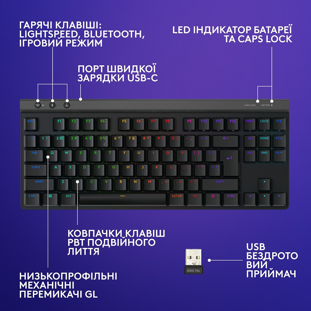 Клавіатура Logitech G515 LIGHTSPEED TKL Wireless Gaming Black (920-012538) (6998420) Київ - фото 8