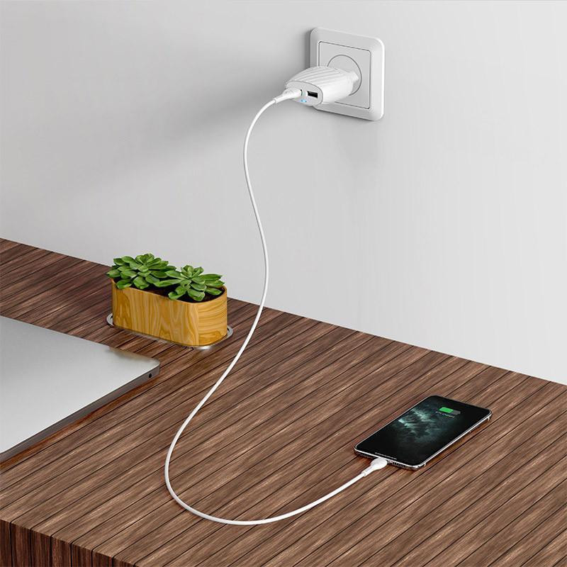 Мережевий зарядний пристрій Hoco C78A Max Energy 220V (10.5W, 5V/2.4A) на 2 USB-порти з кабелем USB - Type-C для Android / iPhone Одеса - фото 6