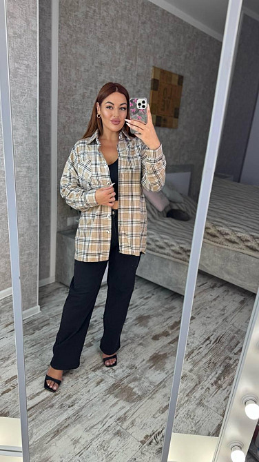 Женская оверсайз рубашка в клетку турецкая фланель Беж 2, 50/56 Одесса - изображение 5