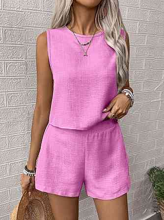 Жіночий літній костюм-двійка: топ і шорти жатий льон Рожевий, 46/48 Одеса