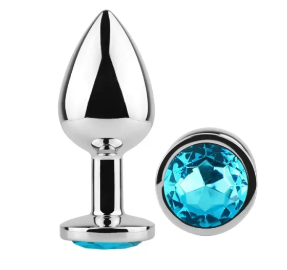 Анальна пробка із кристалом EGZO - Silver Round Plug Aqua size M Sex Aura Київ