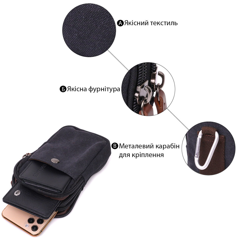 Сумка-чохол на пояс з металевим карабіном із текстилю Чорний (Vintage) Київ - фото 8