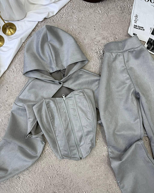 Женский стильный костюм тройка: кофта, корсет и лосины замш на дайвинге Серый, 42/44 Одесса - изображение 10