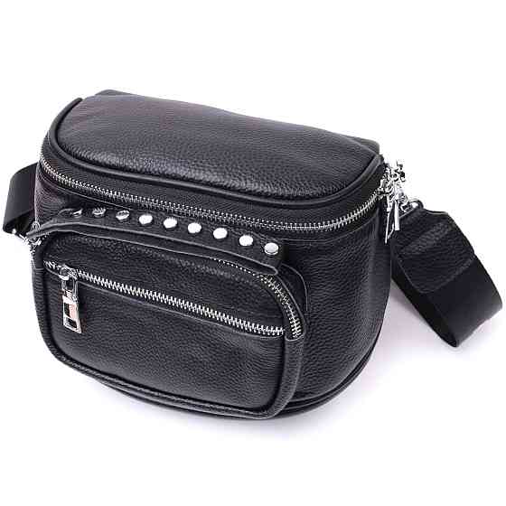 Сумка для женщин с декором в виде кнопок из натуральной кожи Vintage 22388 Черная Киев