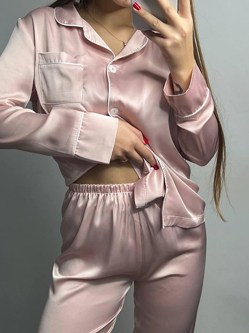 Комплект шовковий трійка сорочка з шортами і штанами Пудровий XL Харків - фото 4