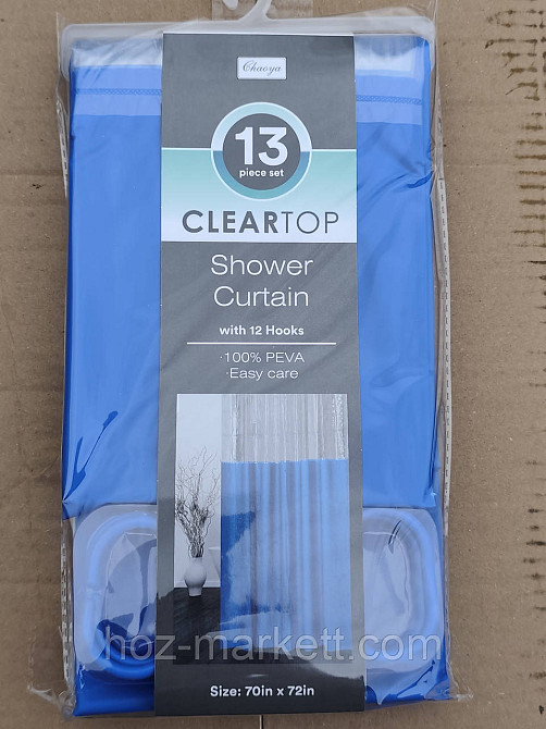 Штора в ванную однотоная с прозрачным верхом голубая шторка для ванной 180 х 180 см Харьков - изображение 1