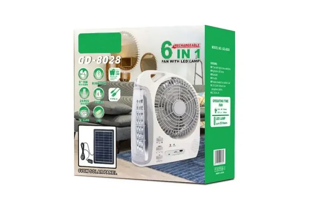Вентилятор портативный (GD-8028/N283) 6в1 (8", LED лампа, радио, солнечная панель, 2 скорости, 10Вт, Bluetooth, USB, 3.2V/5500 мАч) Коломия - фото 2