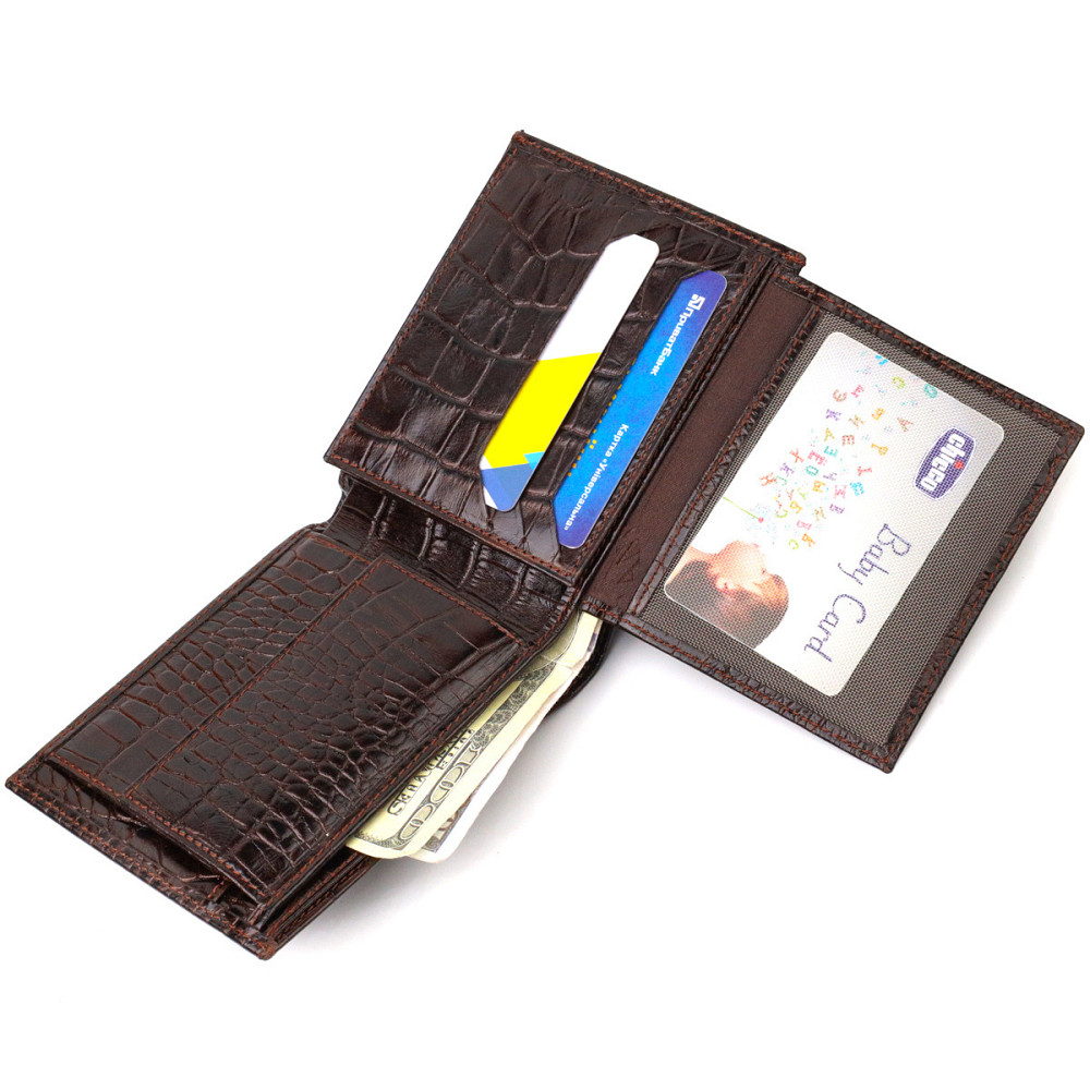 Модний гаманець для чоловіків з натуральної шкіри з тисненням під крокодила Коричневий (CANPELLINI) Київ - фото 10