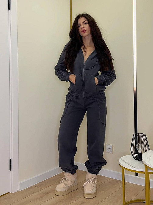 Женский теплый костюм двойка: худи и штаны двусторонний полар флис Графит, 44/48 Одесса - изображение 1