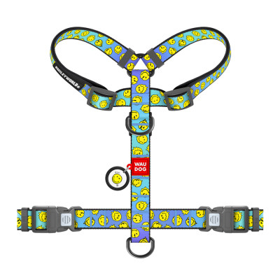 Шлея для собак WAUDOG Nylon анатомічна H-подібна з QR-паспортом "Смайли на блакитному" пластиковий фастекс, M (344-0182) Вінниця - фото 2