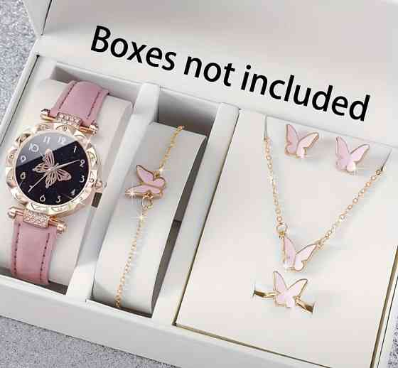 Подарочный набор для женщин Бабочки наручные часы браслет цепочка с кулоном и серьги розовый Киев