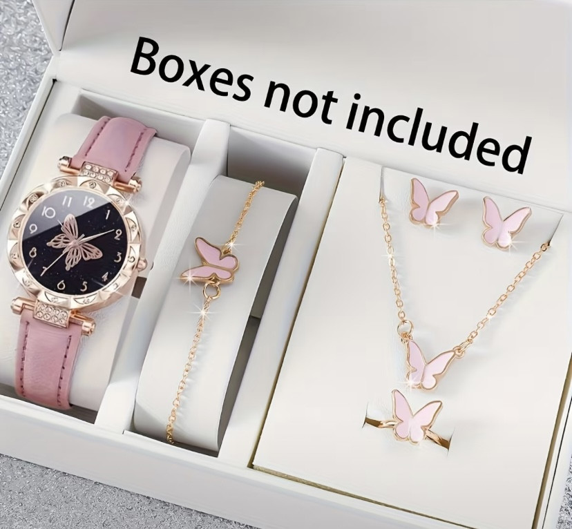 Подарочный набор для женщин Бабочки наручные часы браслет цепочка с кулоном и серьги розовый Киев - изображение 1