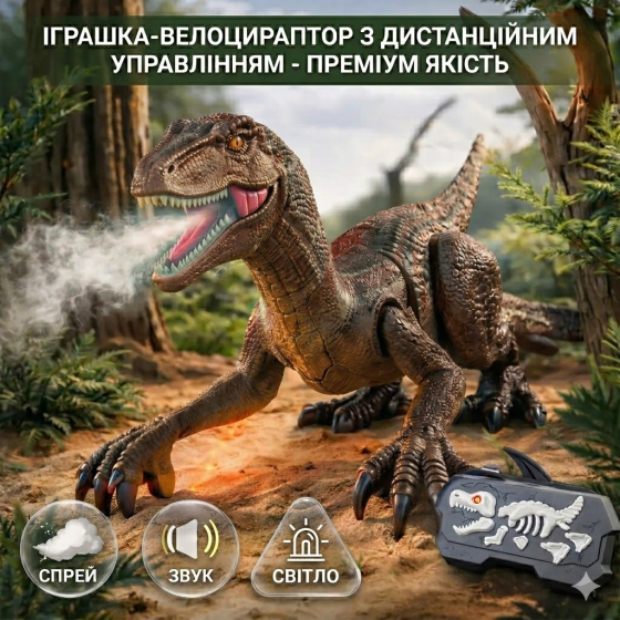 Динозавр на радіокеруванні Велоцираптор зі спреєм, звуком і підсвіткою 2.4GHz інтерактивна іграшка для дітей Київ