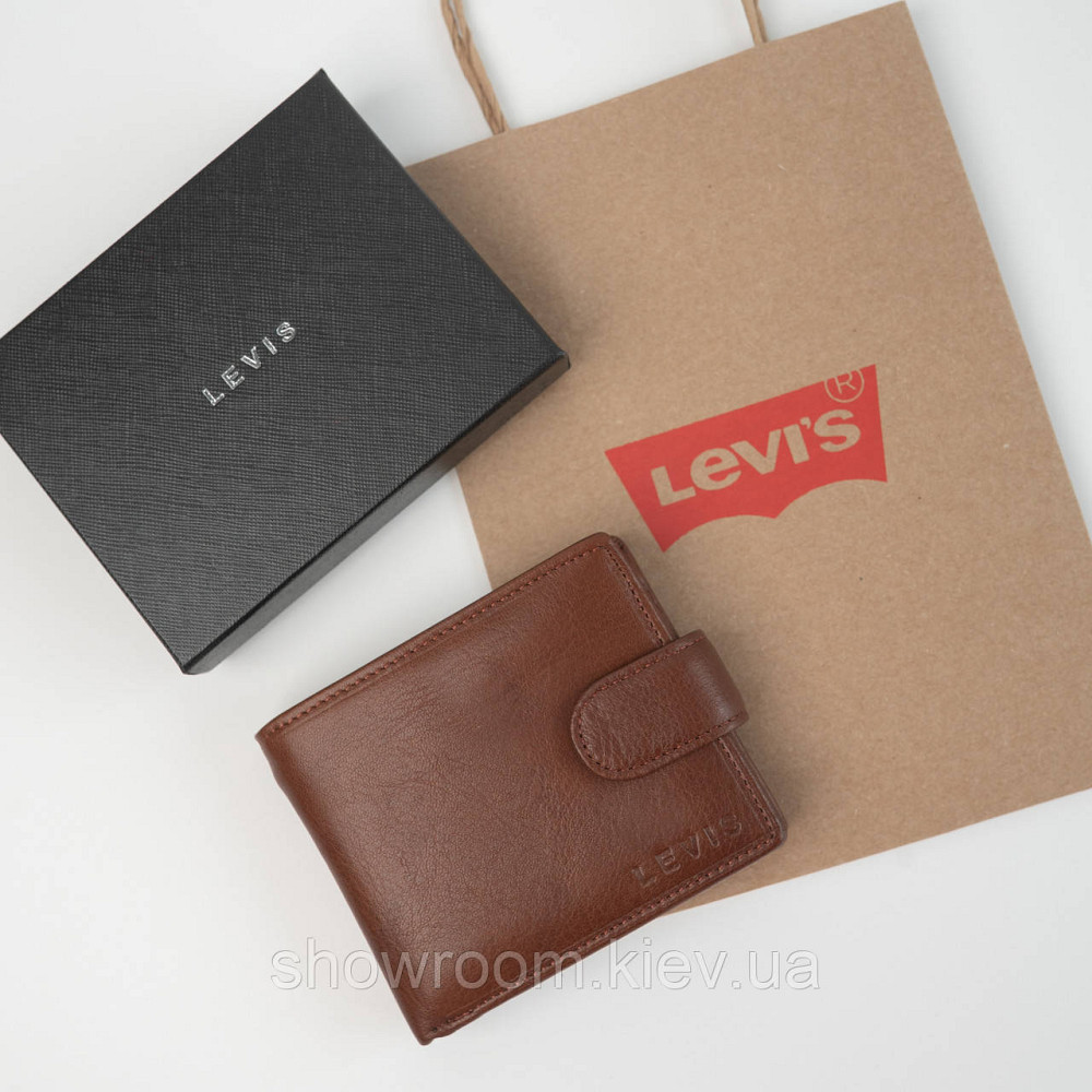 Чоловічий шкіряний гаманець на кнопці Levis (2081) brown Київ - фото 1