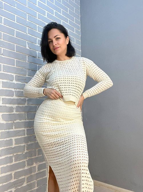 Костюм жіночий MINTAS 4204-2414 прозорий сітка ажурна в'язка реглан зі спідницею розрізи по боках one size, молочний, one size Київ - фото 13
