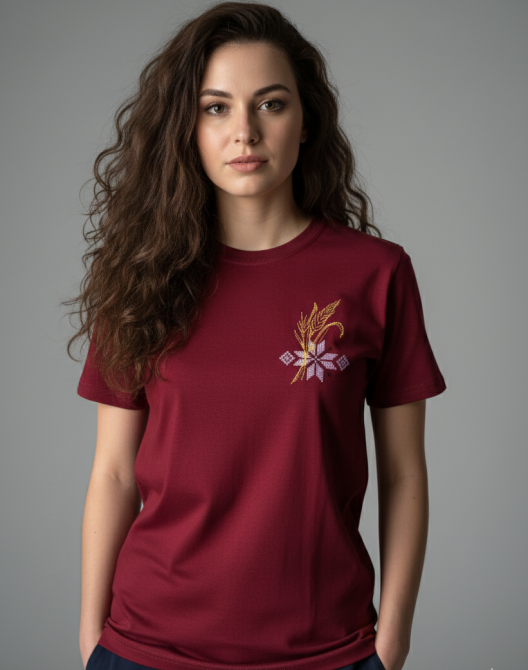 Женская неповторимая вышитая футболка вышиванка бордовая с нежным орнаментом XL Киев - изображение 1