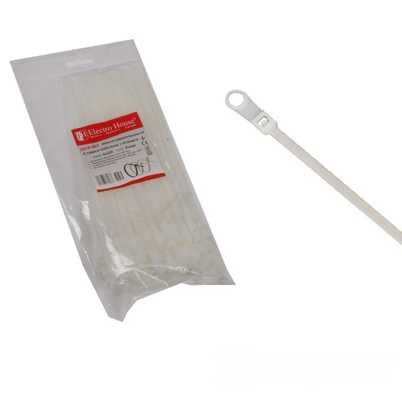 Стяжка кабельная с кольцом 5х200 мм, 100 шт, белый Днепр - изображение 1