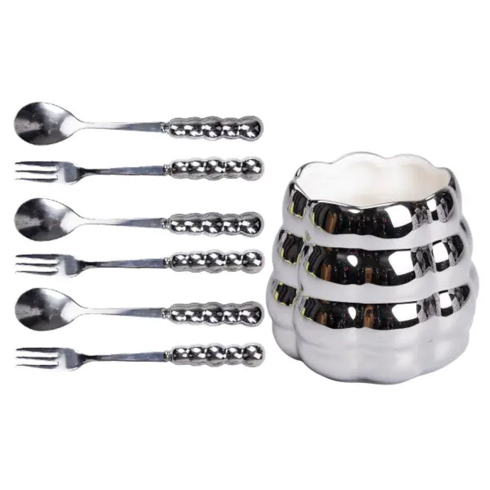 Yiwu Набір десертних виделок і ложок на 3 персони з підставкою з порцелянау 7 предметів Сірий H Коломия - фото 1