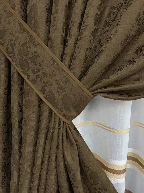 Комплект штор VR-Textil Лен Мрамор 150х270 2шт и Тюль 600х270 1261ш-1579т Коричневый с молочным 71-161/5 Киев - изображение 4