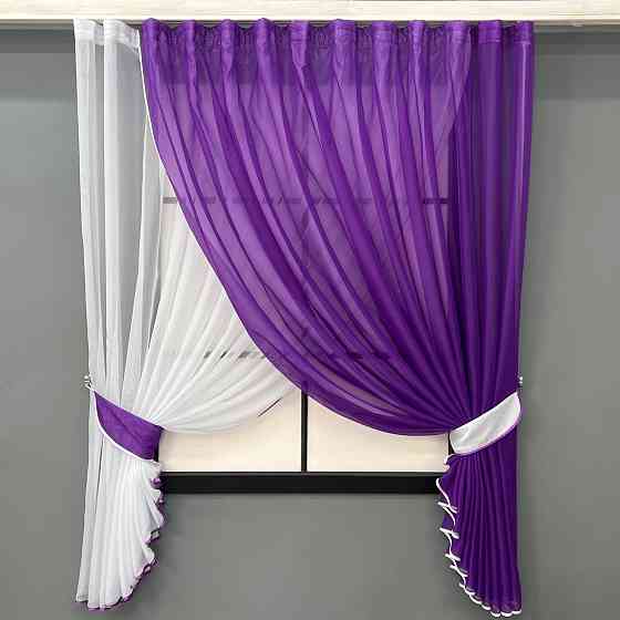 Кухонні шторки VR-Textil № 060к "Дует" з підв'язками фіолетовий з білим 330х170 см (50-152) Київ