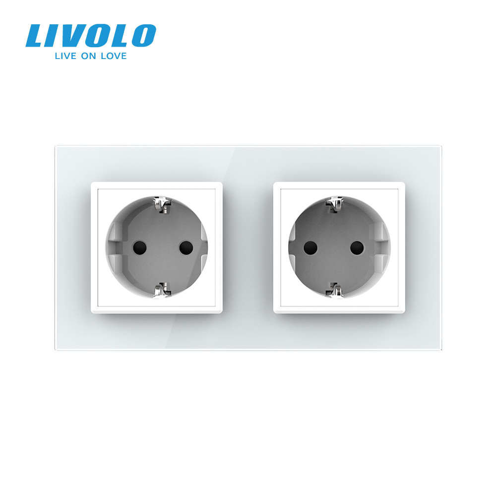LIVOLO Подвійна електрична розетка з заземленням LIVOLO, біла, скляна рамка, шторки, 250В 16А ( Коломыя - изображение 10