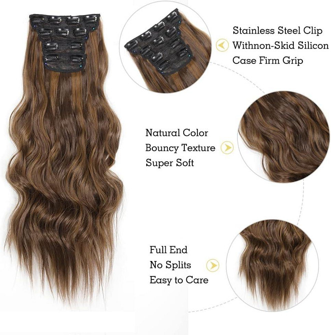 Накладні пасма на кліпсах 4 шт каштанові з меліруванням, хвилясте волосся треси на заколках 50см нарощування обʼєму термостійке Київ - фото 5