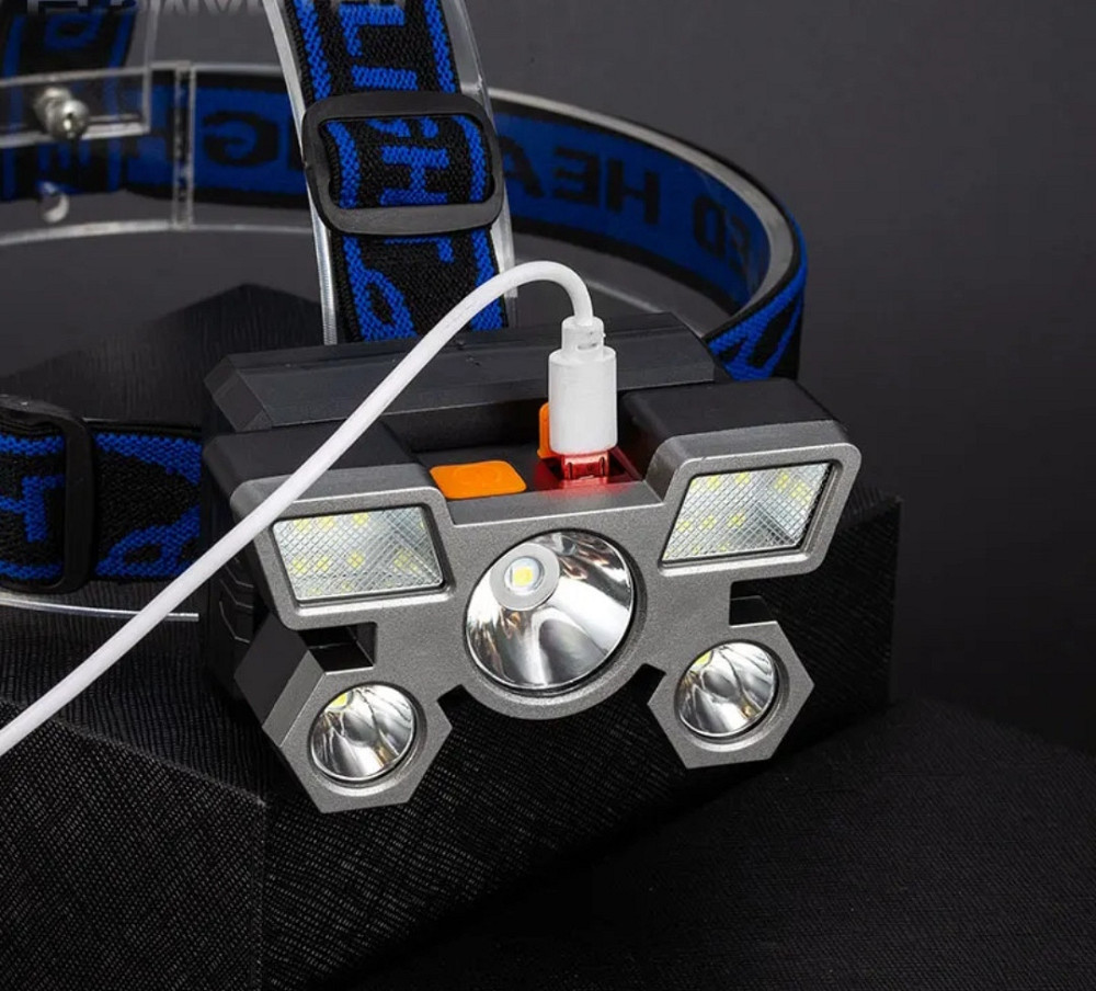 Налобный фонарик на аккумуляторе 5 led с зарядкой USB 4 режима черный Киев - изображение 8