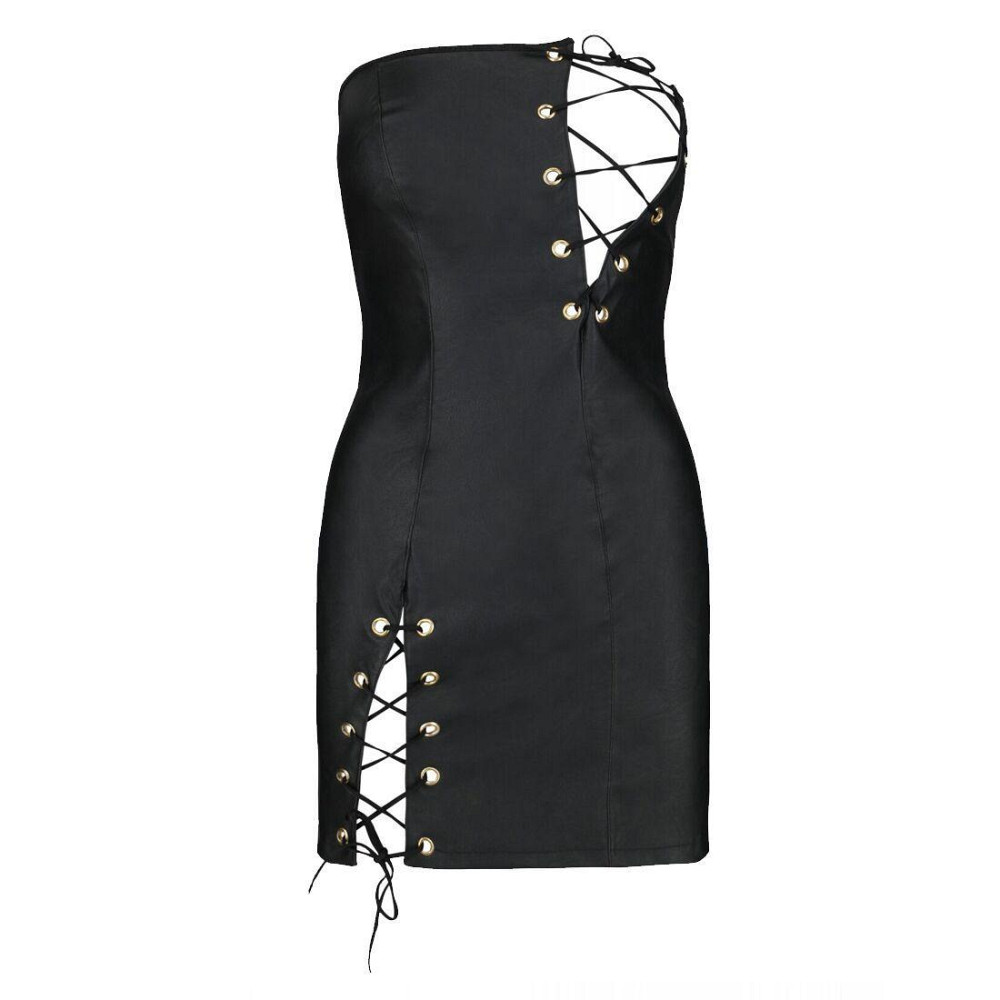 Мини-платье из экокожи Passion CELINE CHEMISE 6XL/7XL, black, шнуровка, трусики в комплекте Sex Aura Киев - изображение 3