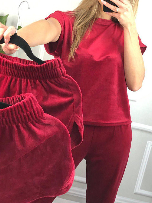 Пижама-комплект (футболка+шорти+штаны) из плюшевого велюра вишневый L Харьков - изображение 7