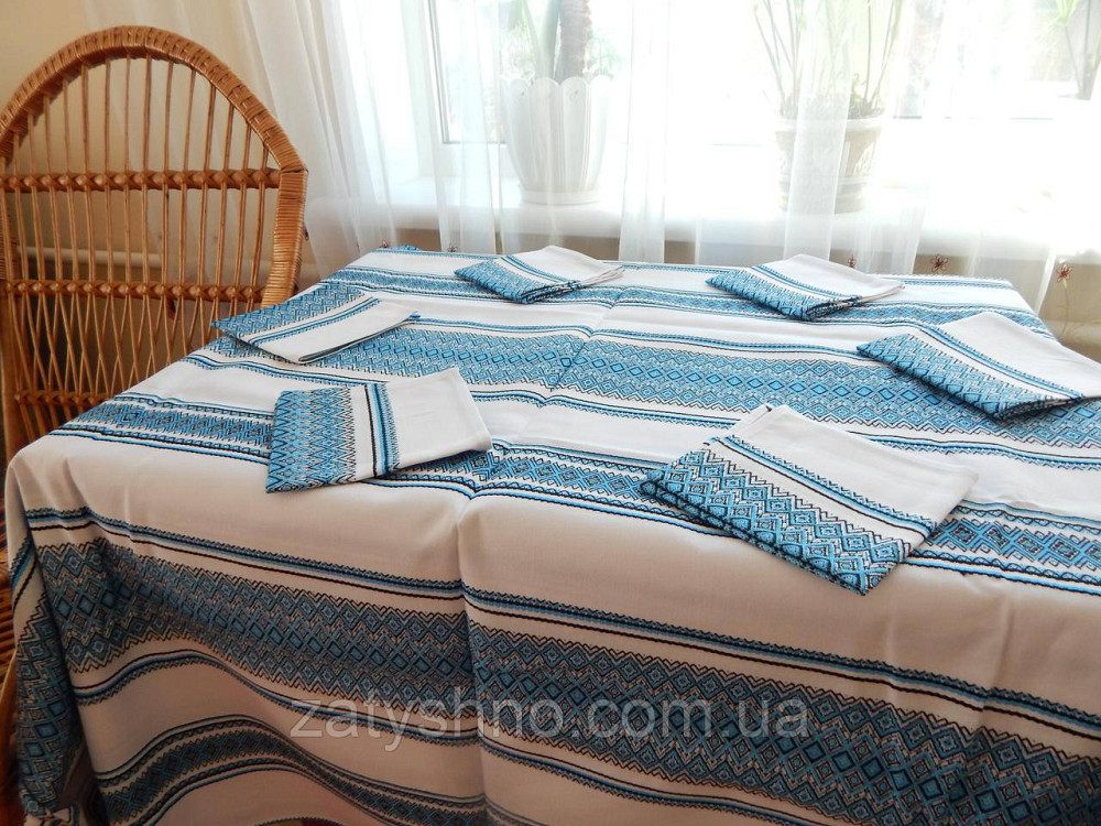 Вышитая голубая скатерть большая и салфетки Киев - изображение 3