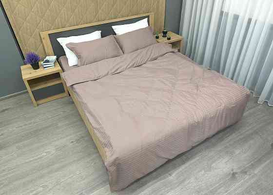 Комплект постільної білизни Страйп-сатин Євро 200х230 з простирадлом на резинці Сіро-бежевий (88-184) Київ