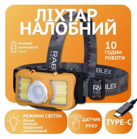 Налобний ліхтар Rablex RB955, жовтий+білий+червоний, T6+6хCOB, Zoom, Сенсор, акум, Type-C Дніпро