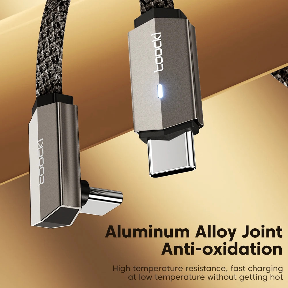 Кабель USB-C — USB-C 60W, міцний нейлоновий, швидка зарядка PD, металевий корпус, кутовий штекер + LED індикатор (1м) Николаев - изображение 2