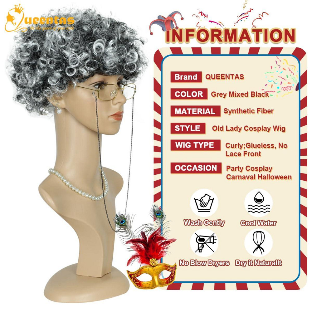 Перука сива бабуся кучерява, термостійка, набір комплект для косплею, свят, Геловіну, корпоратив, вистав Київ - фото 4