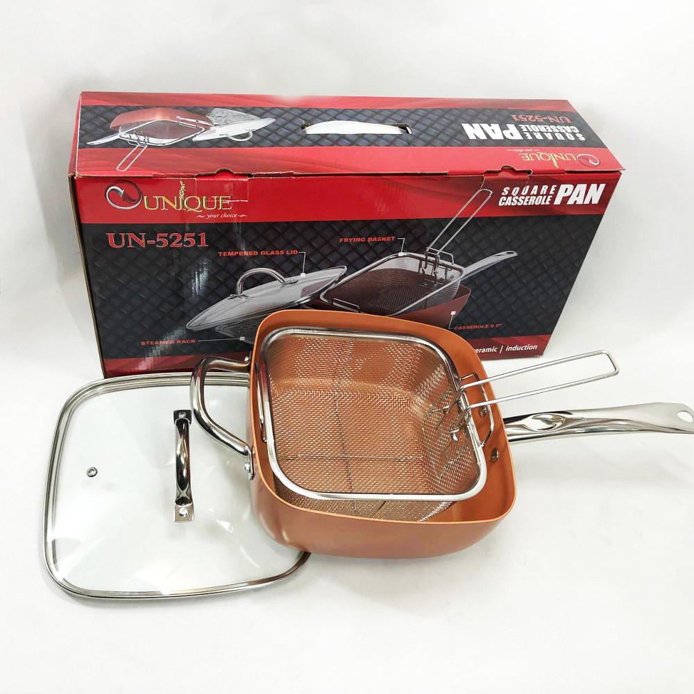 Сковорода-фритюрниця UNIQUE UN-5251 квадратна антипригарна з пароваркою та каструлею + скляна кришка 24 см IE-51 Львів - фото 12