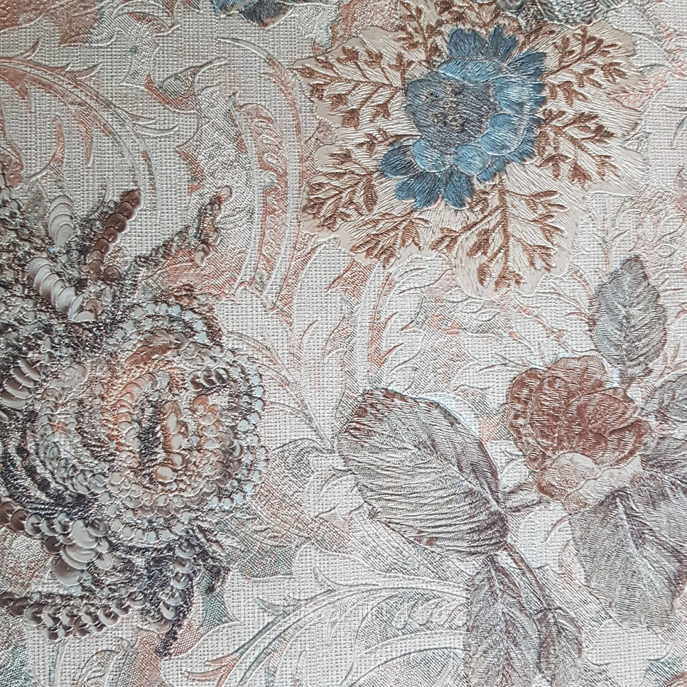Шпалери метрові вінілові на флізелін Yuanlong Samsara бароко квіти вензель бірюзові коричневі на бежевому Київ - фото 5