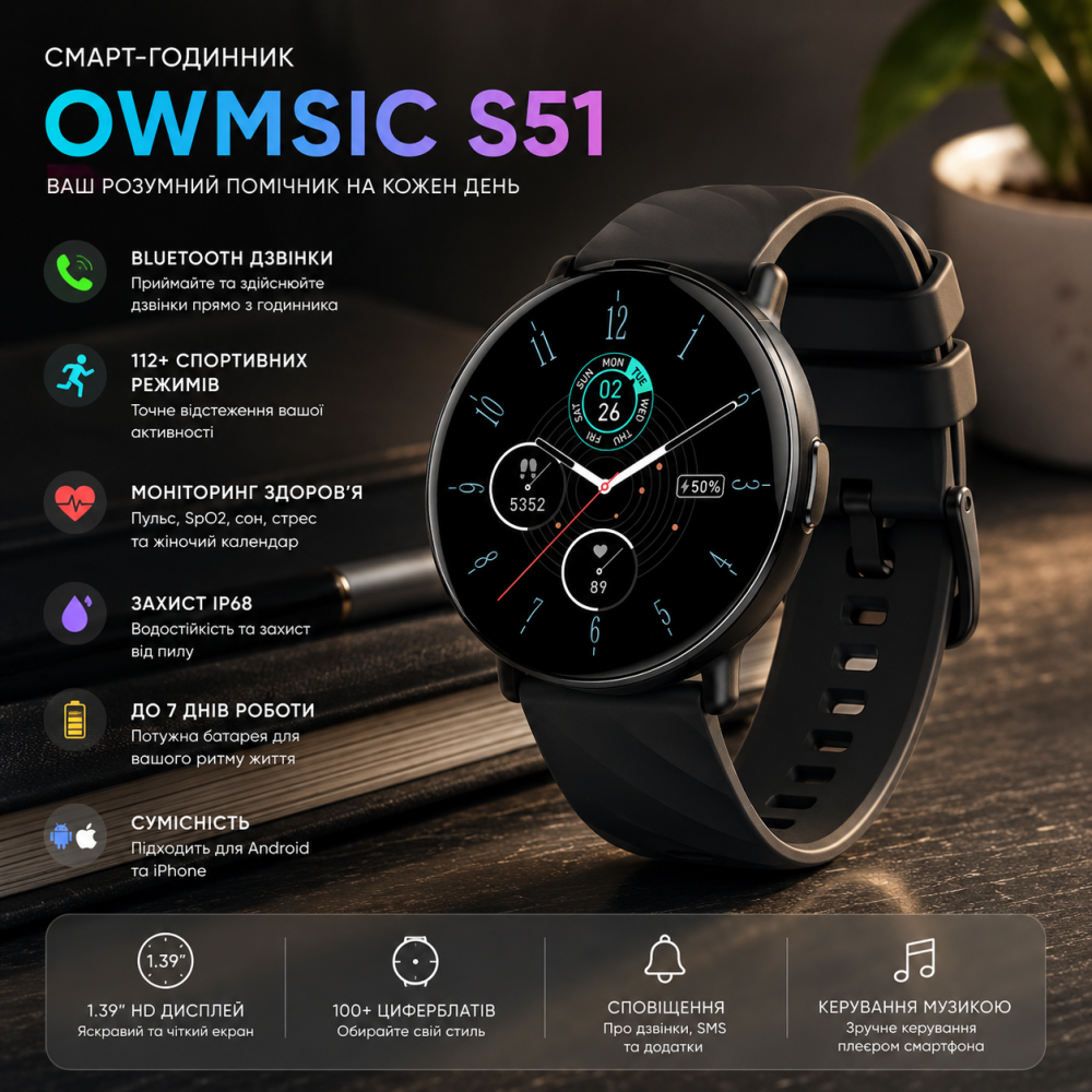 Смарт-годинник OWMSIC S51 1.39" HD, Bluetooth-дзвінки, 112+ спортивних режимів, SpO2, IP68, Android та iPhone Київ - фото 8