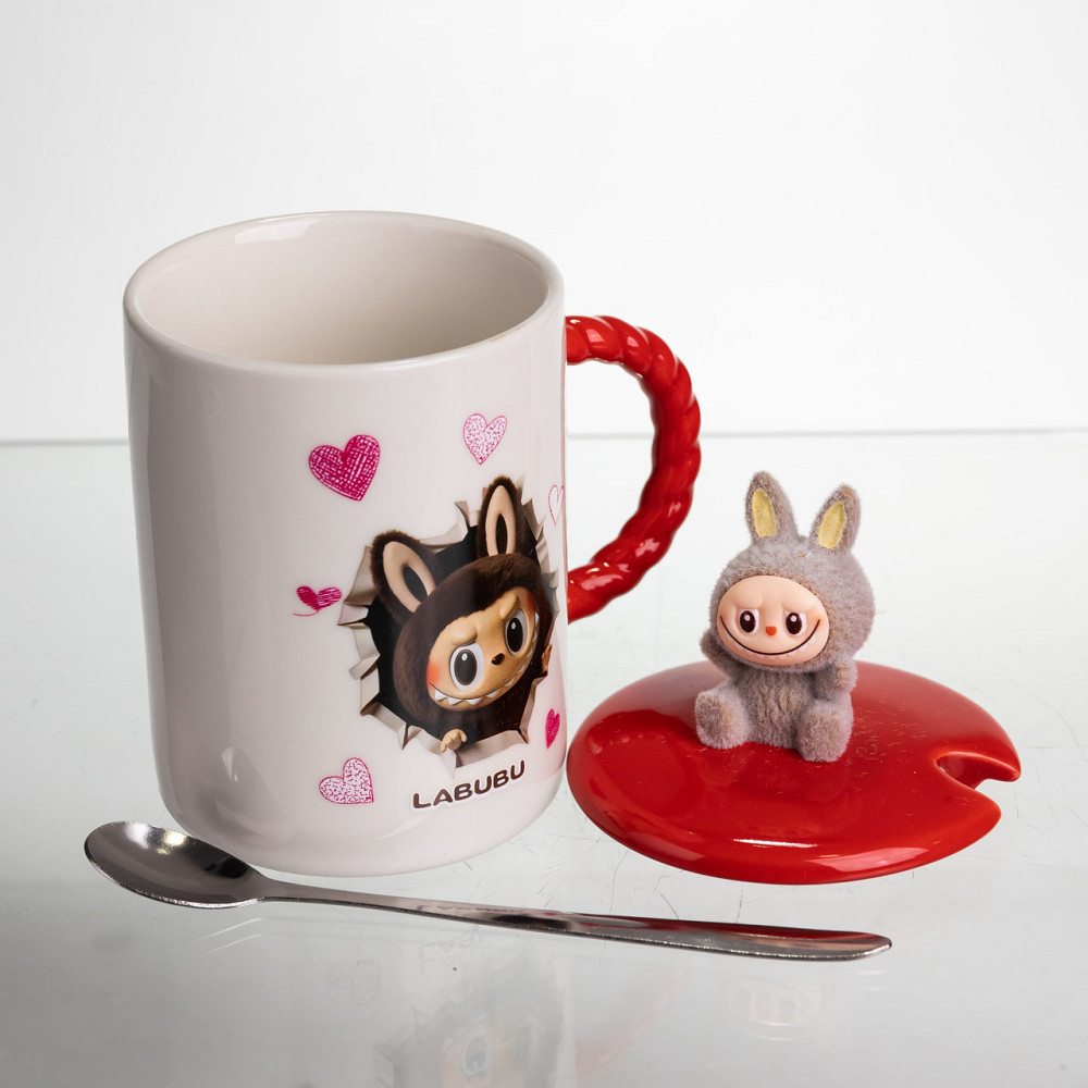 Чашка фарфоровая с крышкой и ложкой Labubu 300 (мл) подарочная кружка прикольная чашка для детей на подарок Красный FM-35D SBR Киев - изображение 3