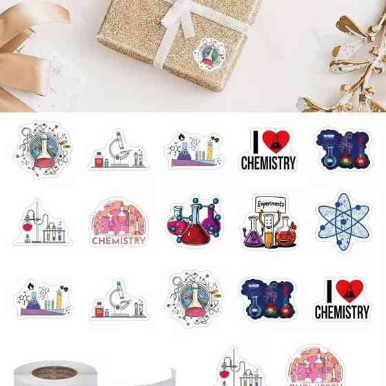 Стікери для школи «Хімія» — рулон 500 шт, 10 варіантів, ≈2,4 см; для уроків, зошитів, щоденників, лабораторії та пакування. Київ
